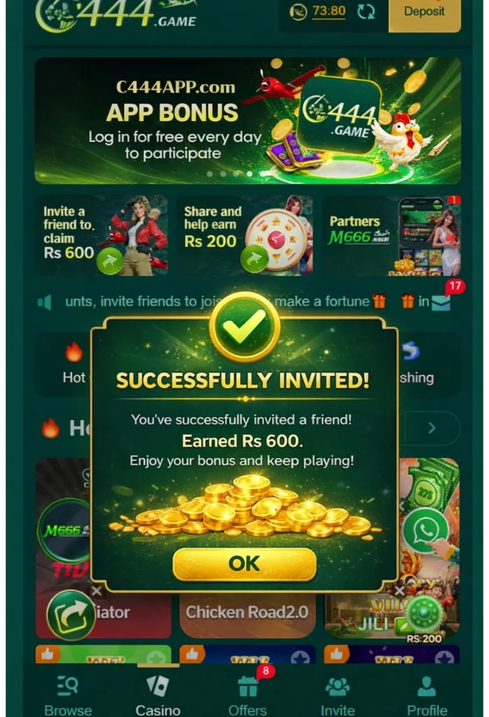 “Screenshot of C444 Game showing the scratch card feature with rewards visible”